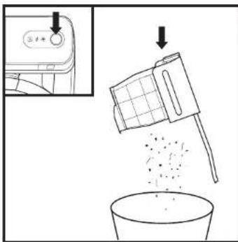 Diagram showing a kitchen tool pouring granular material into a bowl, with an inset image of the device's control panel.