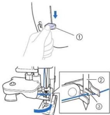 BABY LOCK Verve - Abaissez autant que possible le levier d'enfilage de l'aiguille situé sur le côte gauche de la machine pour que le crochet tourne. - 1