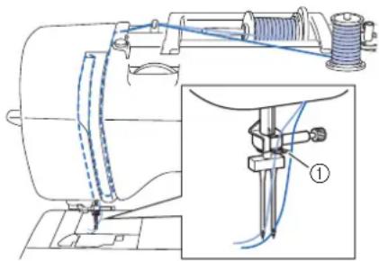 BABY LOCK Verve - Enfilez la machine avec le deuxième fil supérieur. Sans passer le fil derrière le guide-fil de la barre de l'aiguille, enfilez manuelles le aiguille de droite avec le deuxième fil supérieur. - 1