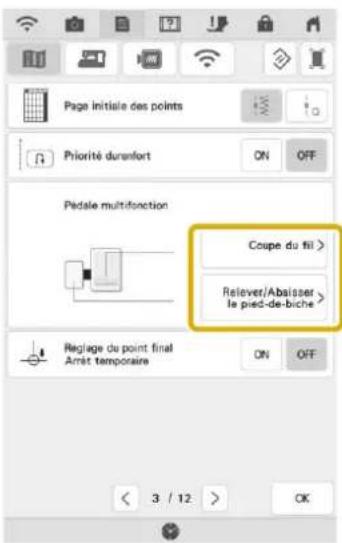 Page initiale des points Priorité durenfort ON OFF Pédale multifonction Coupe du fil > Relever/Abaisser le pied-de-buche > Reglage du point final Amét temporaire ON OFF 3 / 12 > OK