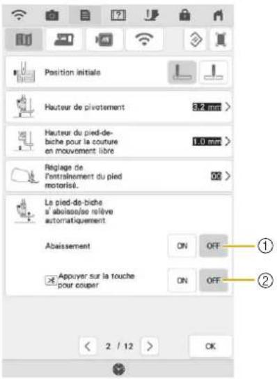 Position initiale Hauteur de pivotement 32 mm Hauteur du pied-de-biche pour la couture en mouvement libre 10 mm Régiage de l'entraînement du pied motorisé. La pied-de-biche s' abaisse/les relève automatiquement Abaissement ON OFF Appuyer sur la touche pour couper ON OFF < 2 / 12 > OK