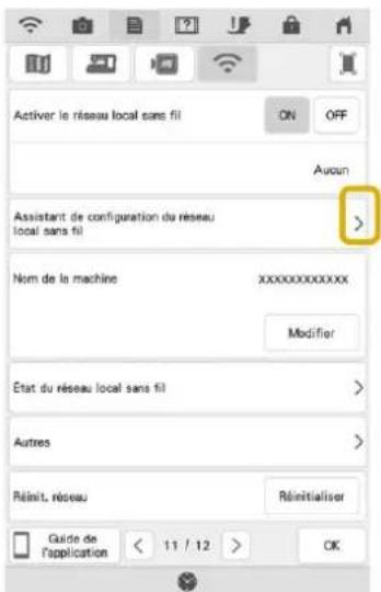Activir le réseau local sans fil ON OFF Auoun Assistant de configuration du réseau local sans fil Nom de la machine xxxxxxxxxxxxxx Modifier Etat du réseau local sans fil Autres Réinit, réseau Réinitialiser Guide de l'application < 11 / 12 > OK