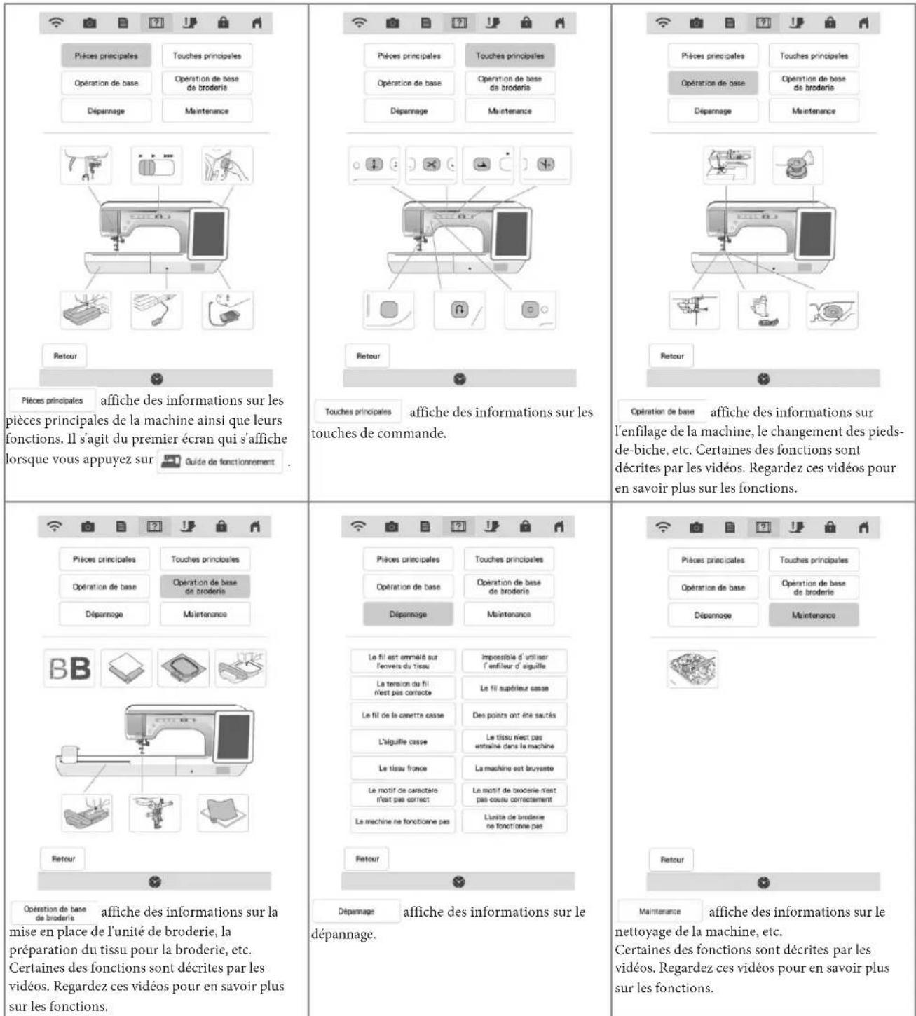 Pièces principales Tousches principales Opération de base Opération de base de broderie Dépannage Maintenance Retour Pièces principales affiche des informations sur les pièces principales de la machine ainsi que leurs fonctions. Il s'agit du premier écran qui s'affiche lorsque vous appuyez sur Guide de fonctionnement. Pièces principales Tousches principales Opération de base Opération de base de broderie Dépannage Maintenance Retour Pièces principales Tousches principales Opération de base Opération de base de broderie Dépannage Maintenance Le fil est immété sur l'ennera du tissu Le tension du fil n'est pas correcte Le fil de la canette casse L'alguille casse Le tissu France Le motif de caractaire n'est pas correct Le machine ne fonctionne pas Retour Pièces principales Tousches principales Opération de base Opération de base de broderie Dépannage Maintenance Le fil est immobilé sur l'ennera du tissu Le tension du fil n'est pas correcte Le fil de la canette casse L'alguille casse Le tissu France Le motif de caractaire n'est pas correct Le machine ne fonctionne pas Retour Pièces principales Tousches principales Opération de base Opération de base de broderie Dépannage Maintenance Le fil est immobilé en unir sur l'ennera du tissu Le tension du fil n'est pas correcte Le fil de la canette casse L'alguille casse Le tissu France Le motif de caractaire n'est pas correct Le machine ne fonctionne pas Retour Pièces principales Tousches principales Opération de base Opération de base de broderie Dépannage Maintenance Le fil est immobilé dans unir sur l'ennera du tissu Le tension du fil n'est pas correcte Le fil de la canette casse L'alguille casse Le tissu France Le motif de caractaire n'est pas correct Le machine ne fonctionne pas Retour Pièces principales Tousches principales Opération de base Opération de base de broderie Dépannage Maintenance Le fil est immété dans unir sur l'ennera du tissu Le tension du fil n'est pas correcte Le fil de la canette casse L'alguille casse Le tissu France Le motif de caractaire n'est pas correct Le machine ne fonctionne pas Retour Pièces principales Tousches principales Opération de base Opération de base de broderie Dépannage Maintenance Le fil e annelé dans unir sur l'ennera du tissu Le tension du fil n'est pas correcte Le fil de la canette casse L'alguille casse Le tissu France Le motif de caractaire n'est pas correct Le machine ne fonctionne pas Retour Pièces principales Tousches principales Opération de base Opération de base de broderie Dépannage Maintenance Le fli est immobilé dans unir sur l'ennera du tissu Le tension du fil n'est pas correcte Le fil de la canette casse L'alguille casse Le tissu France Le motif de caractaire n'est pas correct Le machine ne fonctionne pas Retour Pièces principales Tousches principales Opération de base Opération de base de broderie Dépannage Maintenance