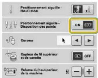 BABY LOCK Aerial - Réglez « Positionnement aiguille - Disposition des points » sur « ON » ou « OFF ». - 1