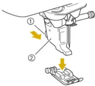 BABY LOCK Aerial - Appuyez sur le bouton noir situé sur le support du pied-de-biche et retirez le pied-de-biche. - 1