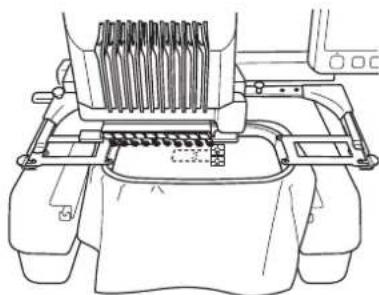 BABY LOCK Venture - Fixez le deuxieme autocollant de positionnement de broderie sur le tissu, comme indiqué par la machine. Appuyez ensuite sur OK - 2