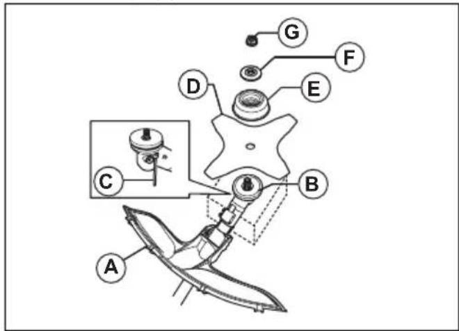 Technical diagram of a mechanical assembly with labeled parts A through G, showing internal components and connections.
