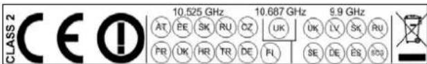 CLASS 2 CE 10.525 GHz 10.687 GHz 9.9 GHz AT EE SK RU OZ UK PR UK HR TR DE FL SE DE ES 800