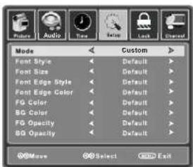 Mode Font Style Default Font Size Default Font Edge Style Default Font Edge Color Default FG Color Default BG Color Default FG Opacity Default BG Opacity Default Custom Move Select Exit