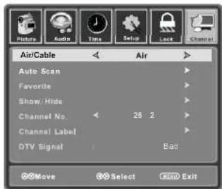 Air/Cable Auto Scan Favorite Show/Hide Channel No. 26 2 Channel Label DTV Signal Bad Move Select END Exit