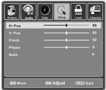 Pictures Audio Time Setup Lock Channel H-Pos 50 V-Pos 50 Clock 50 Phase 0 Auto Move Adjust Exit