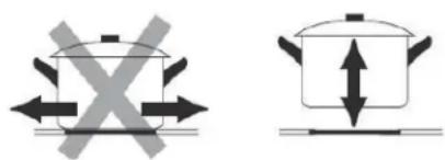 Diagram showing crossed cooking pan and cooking pot with directional arrows indicating movement or force