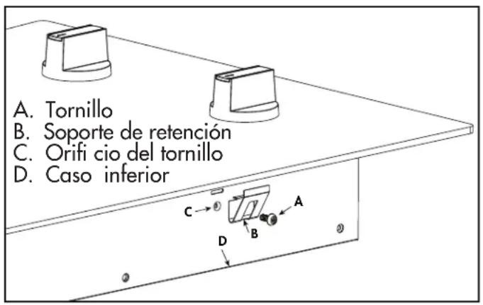 A. Tornillo B. Soporte de retención C. Orifi cio del tornillo D. Caso inferior