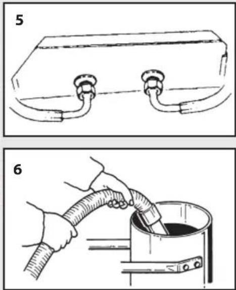 Technical diagram showing two steps of a pipe installation: one with a container and two fittings, the other with a hose pouring liquid into a container.