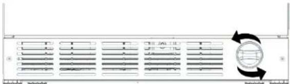 Diagram showing a rack-mounted device with labeled rows and columns, including a circular button and directional arrows indicating rotation or signal flow.