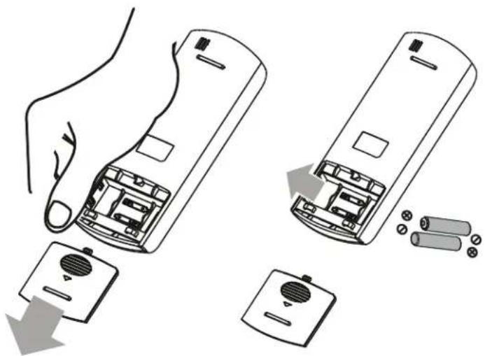 Illustration of a hand holding two remote control units with battery and battery pack components, showing internal circuitry (no text or symbols).