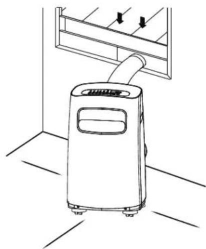 Line drawing of a small air conditioner unit with ventilation duct and cooling fins, placed on tiled floor (no text or symbols).