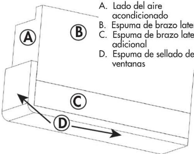 A. Lado del aire acondicionado B. Espuma de brazo later C. Espuma de brazo late adicional D. Espuma de sellado de ventanas A B C D