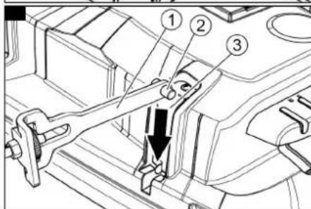 Technical diagram of a mechanical assembly with numbered components and a downward arrow indicating motion or force direction.