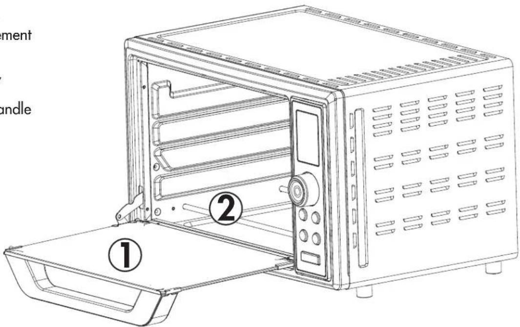 Technical diagram of a microwave oven with labeled parts including tray, door, and front panel