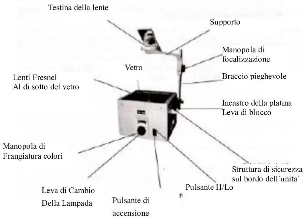 Testina della lente Supporto Manopola di focalizzazione Vetro Braccio pieghevole Lenti Fresnel Al di sotto del vetro Incastro della platina Leva di blocco Struttura di sicurezza sul bordo dell'unita' Manopola di Frangiatura colori Pulsante H/Lo Leva di Cambio Della Lampada Pulsante di accensione