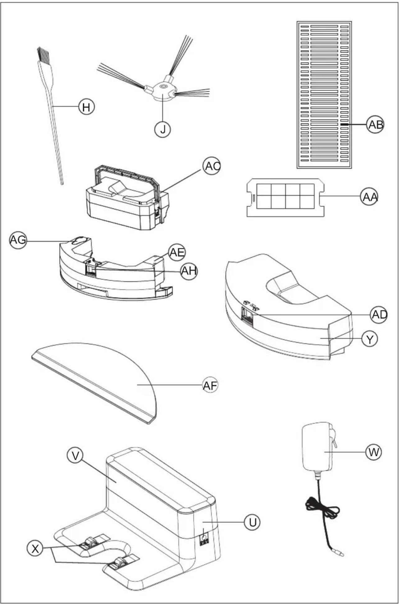 Technical diagram of various electronic devices with labeled parts, including a fan, battery pack, and power adapter.
