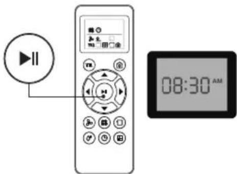 Diagram showing a remote control with playback icon and digital display showing 08:30 AM