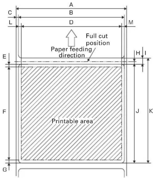 A B C L D M Full cut position Paper feeding direction E H I F J K G Printable area