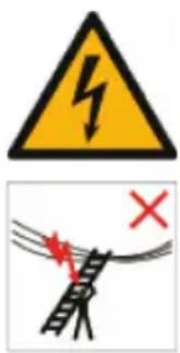 Safety warning sign showing lightning bolt symbol above a ladder with red X mark indicating failure or hazard