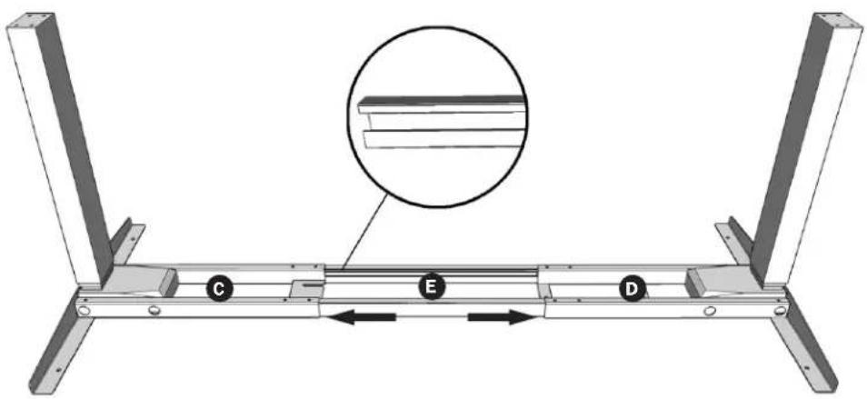 Technical diagram of a structural frame with labeled components C, E, and D, showing a magnified inset view.