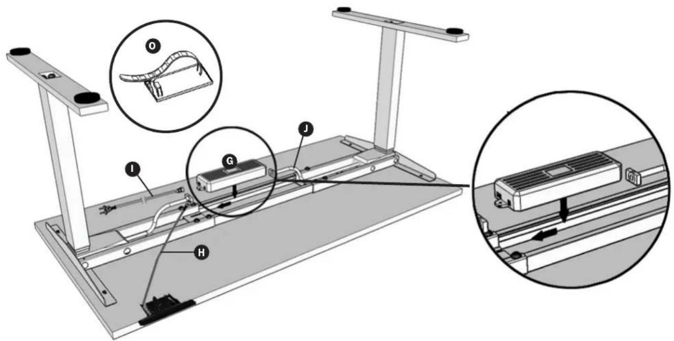 Technical diagram of a treadmill with labeled components and zoomed-in views showing internal parts and movement directions.