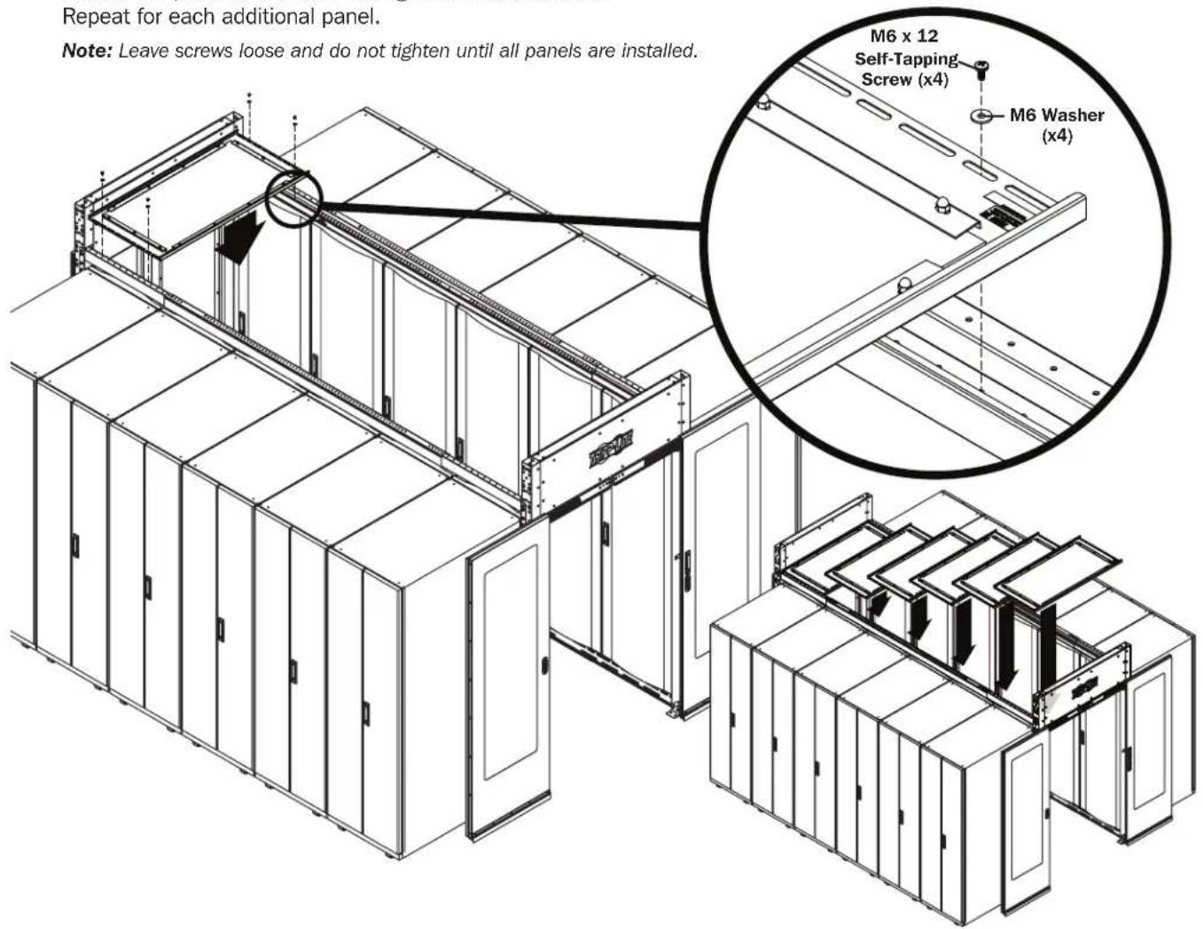 Repeat for each additional panel. Note: Leave screws loose and do not tighten until all panels are installed. M6 x 12 Self-Tapping Screw (x4) M6 Washer (x4)