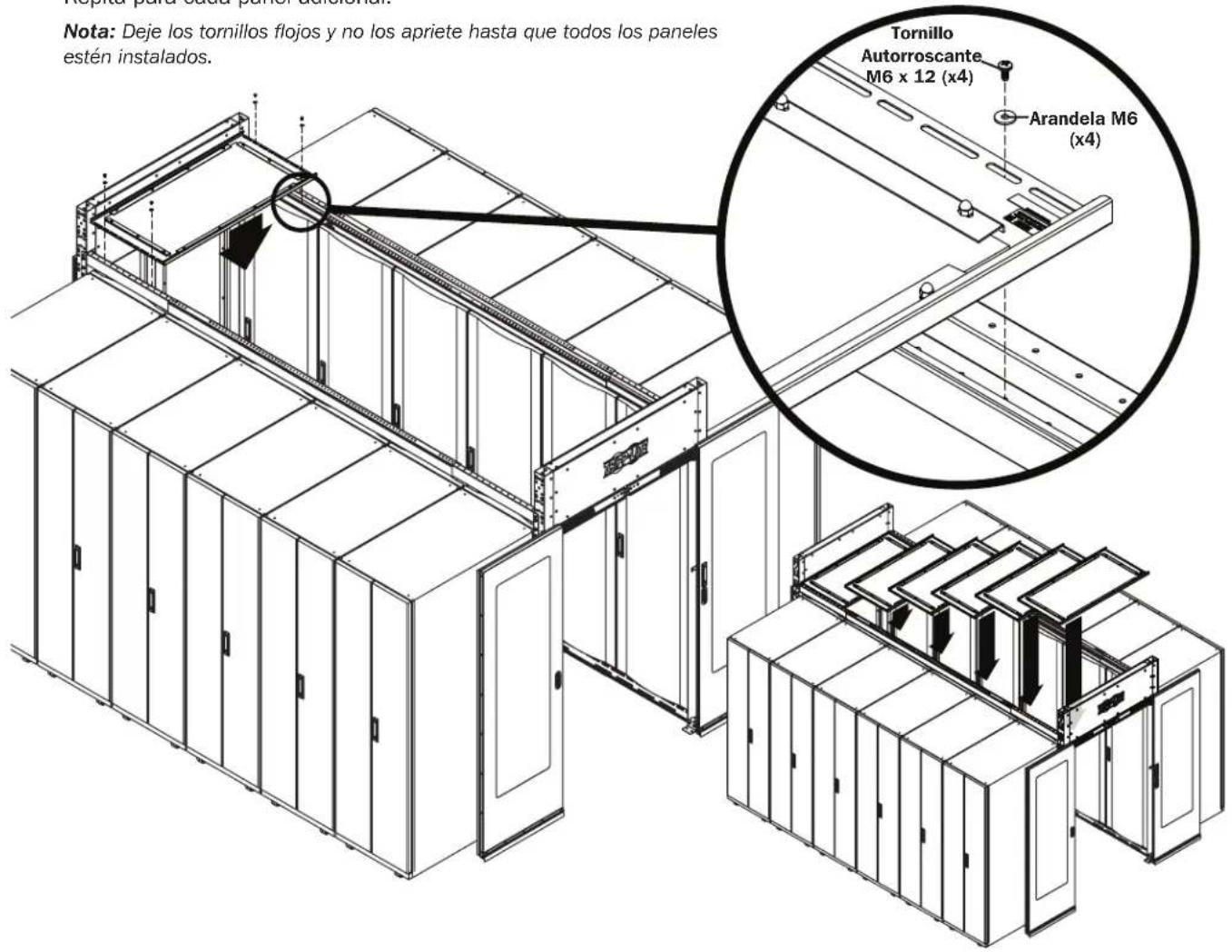 Nota: Deje los tornillos flojos y no los apriete hasta que todos los paneles estén instalados. Tornillo Autorroscante M6 x 12 (x4) Arandela M6 (x4)