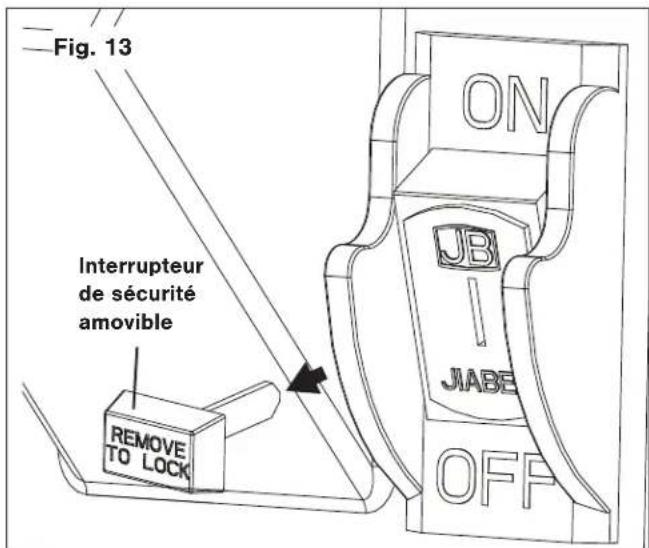 Fig. 13 Interrupteur de sécurité amovible REMOVE TO LOCK ON JB I JABE OFF