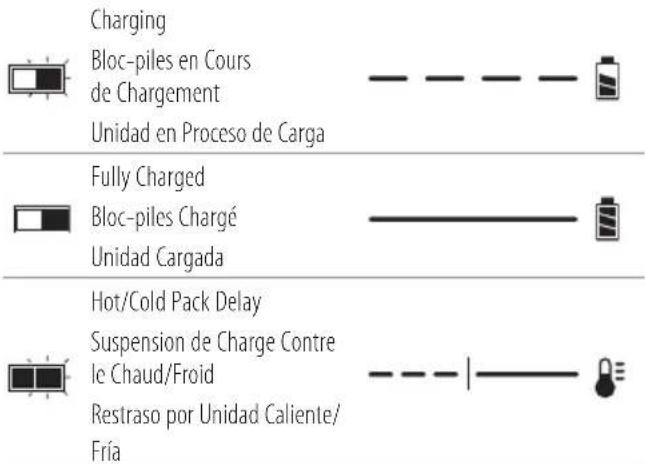 Charging Bloc-piles en Cours de Chargement Unidad en Proceso de Carga Fully Charged Bloc-piles Chargé Unidad Cargada Hot/Cold Pack Delay Suspension de Charge Contre le Chaud/Froid Restraso por Unidad Caliente/ Fría