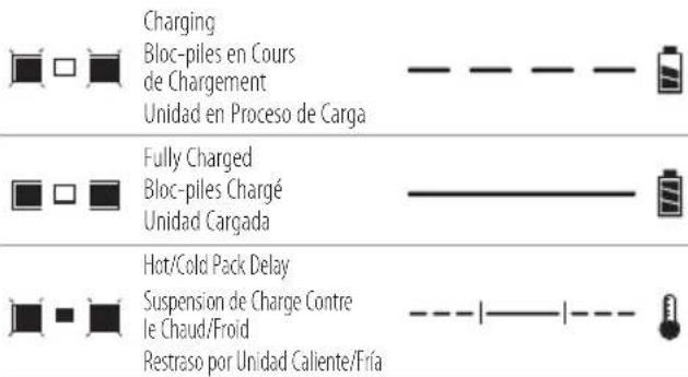 Charging Bloc-piles en Cours de Chargement Unidad en Proceso de Carga Fully Charged Bloc-piles Chargé Unidad Cargada Hot/Cold Pack Delay Suspension de Charge Contre le Chaud/Froid Restraso por Unidad Caliente/Fría