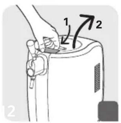 Diagram showing a hand pressing down on a water dispenser with labeled arrows indicating motion or force directions.