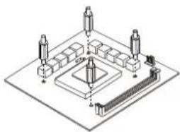 Isometric technical diagram of a microchip or circuit board with labeled components (no text or symbols present)