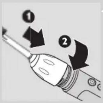 Diagram showing two labeled arrows pointing to a tool tip, with numbered callouts ① and ② indicating process steps.