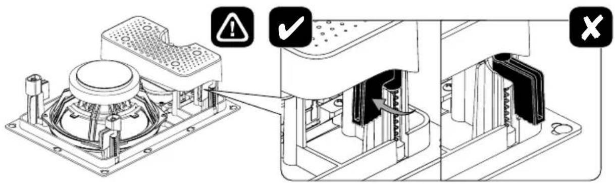 Technical diagram showing assembly of a device with warning symbols and labeled parts, including warning labels and directional arrows.
