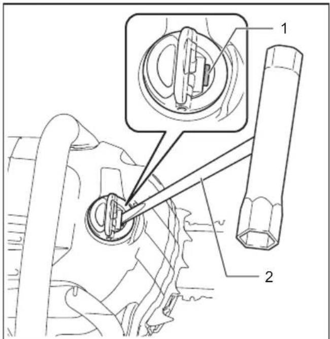 Technical diagram showing mechanical assembly with labeled parts 1 and 2, including a magnified inset of a component.