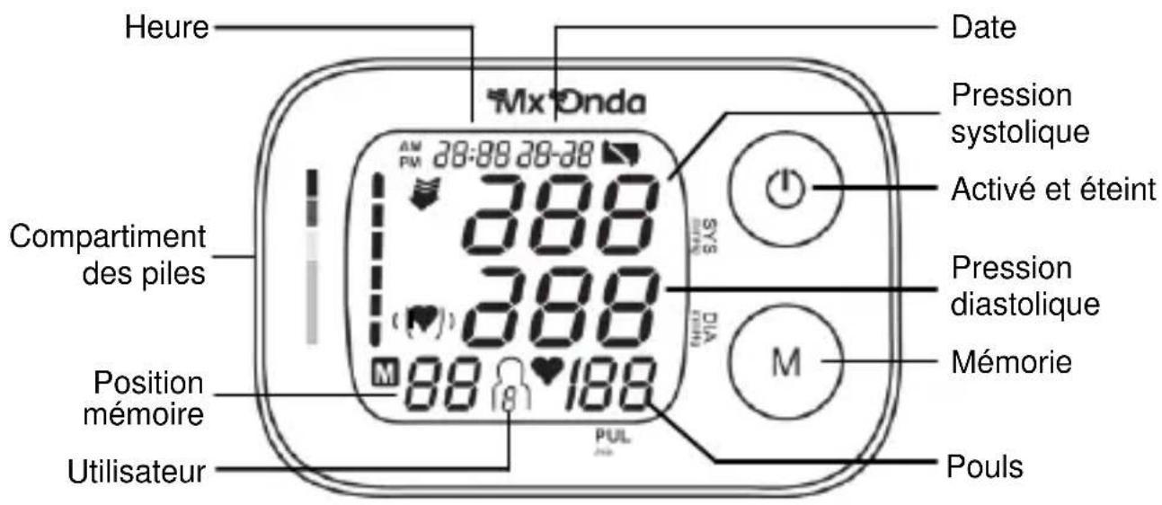 Heure Date Mx Onda Am 28:88 28-38 PM 388 788 (♥) 388 M 88 188 Compartiment des piles Position mémoire Utilisateur PUL SYS Active et éteint Pression systolique Pression diastolique Mémorie Pouls