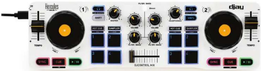 Hercules (1) SHIFT MASTER FILTER / BASS Diameter READPHONES VINYL (2) DJay TEMPO TWO * REV * HOT CUE 1 2 SAMPLER VOLUME VOLUME VOLUME HOT CUE 1 2 SAMPLER VOLUME VOLUME TWO * REV * SYNC CUE /II DJCONTROL MIX SYNC CUE /II