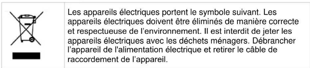 Les appareils électriques portent le symbole suivant. Les appareils électriques doivent être éliminés de manière correcte et respectueuse de l'environnement. Il est interdit de jeter les appareils électriques avec les déchets ménagers. Débrancher l'appareil de l'alimentation électrique et retirer le câble de raccordement de l'appareil.