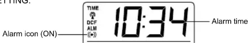 TIME DCF ALM 10:34 Alarm time Alarm icon (ON)