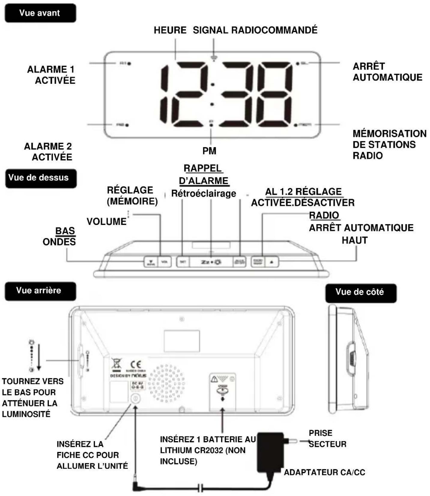 TECHNOLINE WT 486 - RADIORÉVEIL FM NUMÉRIQUE À LED RADIOCONTRÔLÉ AVEC DEUX ALARMES - 1