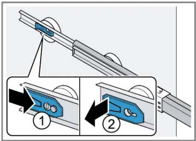 Diagram illustrating two steps of a mechanical device with labeled components and directional arrows indicating motion or assembly.