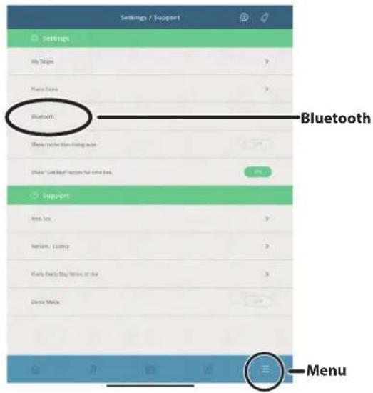 ROLAND LX708 - Appuyez sur le menu situé en bas à droite de l'écran de l'application, puis dans l'écran du menu, appuyez sur « Bluetooth ». - 1