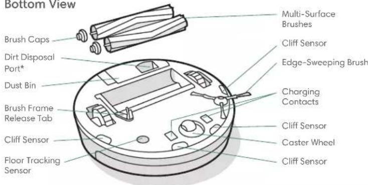 Bottom View Brush Caps Dirt Disposal Port* Dust Bin Brush Frame Release Tab Cliff Sensor Floor Tracking Sensor Multi-Surface Brushes Cliff Sensor Edge-Sweeping Brush Charging Contacts Cliff Sensor Caster Wheel Cliff Sensor