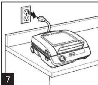 Line drawing of a device with an outlet cable connected to a wall-mounted power socket (no text or symbols)